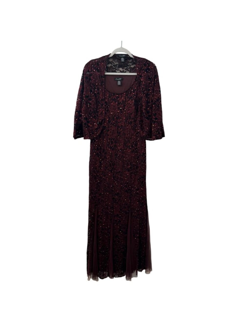 Candalite Burgundy Lace Formal Gown Sequins/ Matching Bolero Jacket Size L Set - Picture 3 of 12
